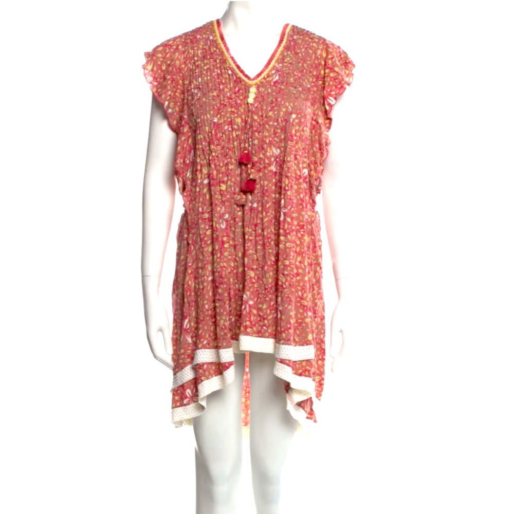 POUPETTE ST BARTH Sasha Floral Mini Dress Cover-Up Lace Fringe Pink XS